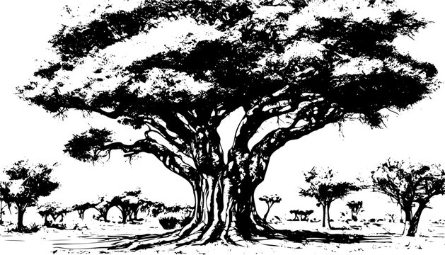 Sketch of the African savanna with plants baobab trees. Hand drawn illustration converted to vector. Vintage savannah in engraving