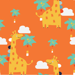 Obraz na płótnie Canvas Cute and lovely adorable safari animal giraffe toucan elephant turtle airballon rainbow pattern design for kids market as vectors