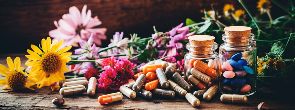 Supplements and flowers herbs alternative medicine. Generative AI,