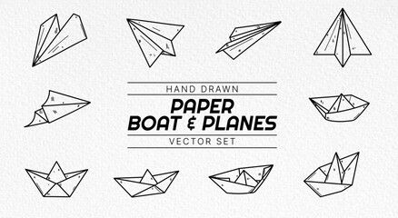 Hand Drawn Paper Boat and Planes Set