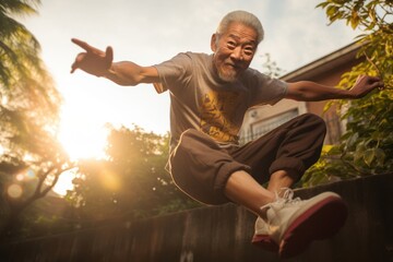 Asian Male Elderly Urban Athlete Extreme Sports Background Generative AI