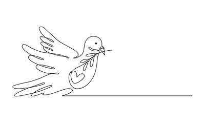 Continuous line art of a dove with an olive branch and heart shape, Peace day concept. Lineart vector illustration.	