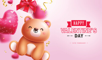 Happy valentine's day text vector design. Valentine's day greeting card with teddy bear, balloon heart and gift box decoration elements. Vector illustration hearts day invitation card. 
