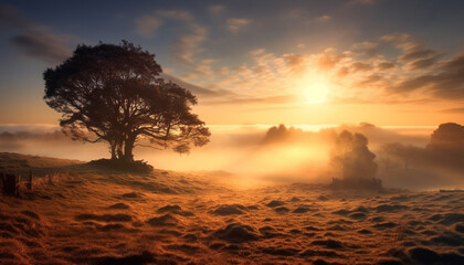 Fototapeta premium Sunset over the tranquil meadow, reflecting in the calm water generated by AI
