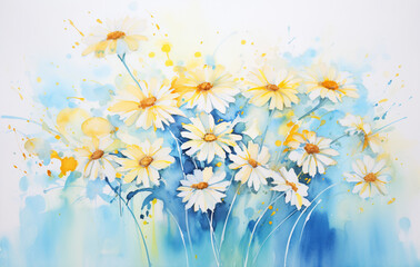 Abstract Harmony: Lovely and Colorful Watercolor Daisies in Sunny Yellow and Sky Blue