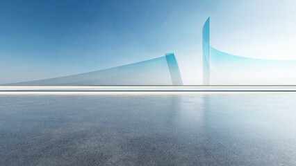 3d render of abstract futuristic architecture with empty concrete floor. Scene for car presentation. - obrazy, fototapety, plakaty