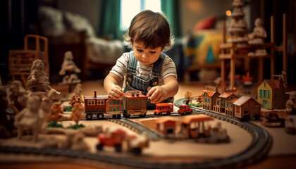 Cute boys playing with toy cars, indoors, having fun generated by AI - obrazy, fototapety, plakaty