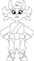 Cartoon funny and fabulous Viking or Chinese warrior girl. Coloring style