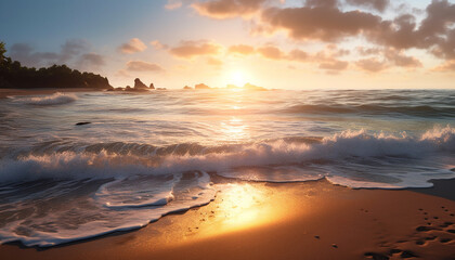 Obraz premium Sunset over the water, nature beauty reflected in tranquil waves generated by AI