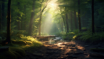 Tranquil forest path reveals mysterious beauty in nature green generated by AI