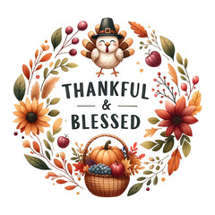 Festive Thanksgiving design showcasing turkey in hat, surrounded by autumn flowers, and the text Thankful & Blessed - obrazy, fototapety, plakaty