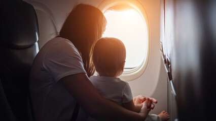 Joyful mother shows view from plane window to toddler girl. Child cradled in arms of mother as...