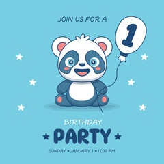 Cute baby boy panda. Birthday invitation for 1 year. Vector illustration