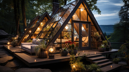 Fototapeta premium a-frame house in nature, glamping, hotel, recreation center, modern architecture, stylish building, guest house, villa, triangular, pyramidal, glass, garden, wood