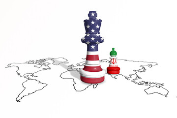 Chess made from flags of Iran and United States of America on a world map. 