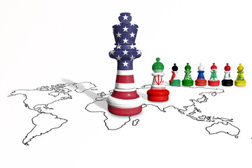 Chess made from flags of Iran and United States of America on a world map. USA and Iran conflict