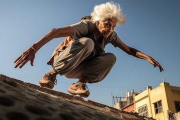 East Indian Female Elderly High Octane Jumping Concept Generative AI