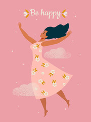 Happy woman in love in a flower dress enjoys herself. A young woman is experiencing ease of mental health. 