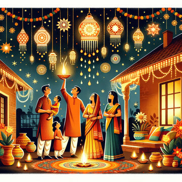 Ilustración detallada de la festividad de Diwali en la India. Familias reunidas decorando sus hogares con lámparas de aceite, vestidas con ropas tradicionales