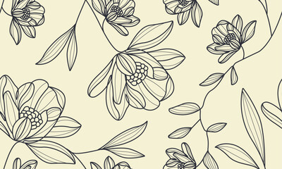 Hand Drawn Floral Seamless Pattern with Flowers and Leaves in Linear Style. Botanical Minimal Abstract Pattern. Trendy Contemporary Print with Flowers. Vector Fashionable Repeat Template for Design.