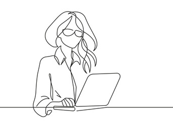 Continuous One Line Drawing of Businesswoman with Laptop. Woman Working in Office One Line Illustration. Business Concept Abstract Minimalist Contour Drawing. Vector EPS 10  © Наталья Дьячкова
