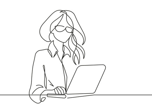 Continuous One Line Drawing of Businesswoman with Laptop. Woman Working in Office One Line Illustration. Business Concept Abstract Minimalist Contour Drawing. Vector EPS 10 
