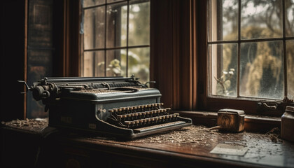 Old typewriter on rustic wooden table evokes nostalgia for obsolete technology generated by AI - obrazy, fototapety, plakaty