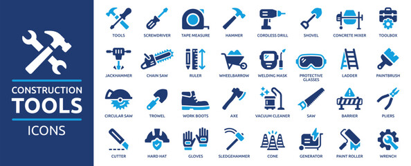 Construction tools icon set. Containing screwdriver, hammer, drill, shovel, concrete mixer, paintbrush, wrench, saw, pliers and more. Solid icons collection, vector illustration.