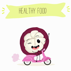 Vector cartoon character mangosteen, funny vegetables, fruits. Fresh harvest, exotic, organic, vegetarian products, children's birthday, price tag, sticker.