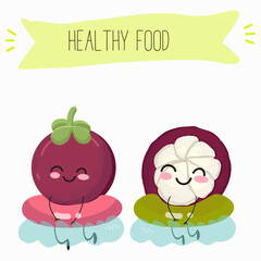 Vector cartoon character mangosteen, funny vegetables, fruits. Fresh harvest, exotic, organic, vegetarian products, children's birthday, price tag, sticker.