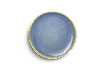 Ceramic plate with texture, blue base color and yellow stripes on the side, transparent background.
