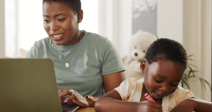 Work from home, high five and mother with african child for productivity, support and education achievement with laptop, drawing book and learning. Black family mom and goal sign for teaching success