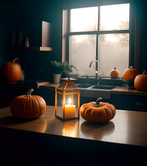 Calabaza de Halloween y vela con niebla alrededor y luz oscura en tonos verdosos y naranjas - obrazy, fototapety, plakaty