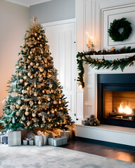 Brillante y bellamente decorado árbol de Navidad en casa