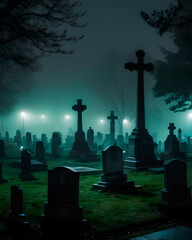 Cementerio de noche con niebla y con una luz oscura y verdosa