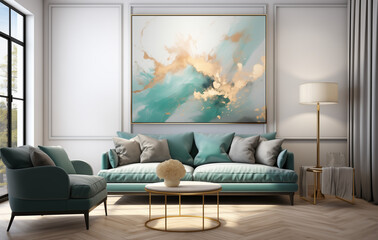 Fototapeta na wymiar Living Room Interior with Large Watercolor Painting in Light Sapphire, Dark Gold, Light Pearl, and Jade Green