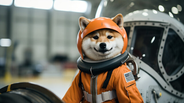 Funny photo of the Shiba Innu dog in a pilot suit