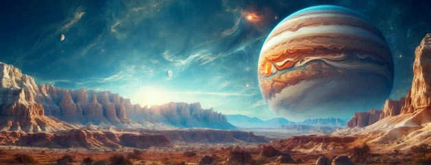 Foto op Canvas Wide-angle shot of an alien planet landscape with gas giant in sky. Panorama of a desert planet with canyons and strange rock formations. Fantastic extraterrestrial landscape. Sci-fi wallpaper. © Valeriy