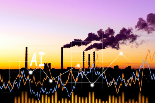 concept of environmental pollution smoke from factories at sunset. silhouettes of factories and factories in the evening