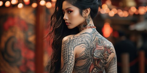 Tattooed back, thighs, arms - a look over the shoulder,,  the art of tattooing generated with AI technology