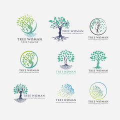 Flat vector set of life logo templates with silhouettes of human and green leaves. Abstract emblems for yoga studio, wellness and medical care center