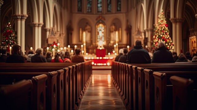 Weihnachten und Heiligabend in der Kirche: Christmette, Heiligabendmesse und festlicher Gottesdienst in einer geschm&uuml;ckten Kirche mit einem Weihnachtsbaum und Gl&auml;ubigen auf den Kirchenb&auml;nken