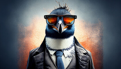 Brillenmode Motiv für Werbung Vorlage Grußkarte Karte Motiv Idee Chef ist cool drauf Pinguin mit Sonnenbrille Tiere lustig und skurril Comic Generative AI  - obrazy, fototapety, plakaty