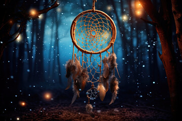Indian dream catcher hanging under a starry night sky, contrasting with heavenly beauty