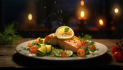 Grilled fish fillet on a plate with fresh vegetable salad generated by AI - obrazy, fototapety, plakaty