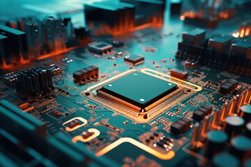 Close-up of an electronic board with a processor or chip. Development of computer technologies. Modern electronics production.