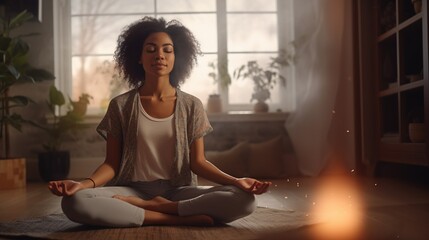 Healthy Calm Young Woman Meditating at Home
