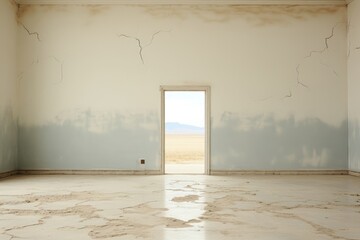 An abstract background image evokes a surreal mood in an abandoned room where sand is visible through an open door, providing a unique backdrop. Photorealistic illustration
