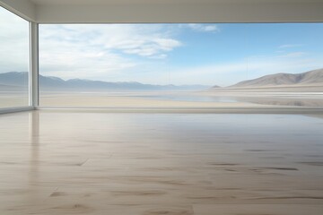 An abstract background image creates a surreal atmosphere in a minimalist room surrounded by glass walls, all resting on the sand, resulting in an intriguing setting. Photorealistic illustration