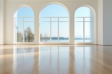 An abstract background image complements the setting of white walls and arched windows, which frame a lake view, offering a serene backdrop for creative content. Photorealistic illustration